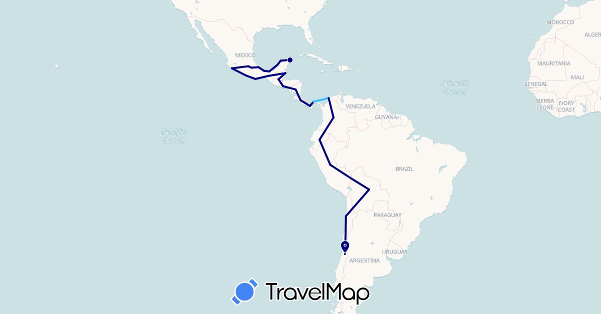 TravelMap itinerary: driving, boat in Bolivia, Belize, Chile, Colombia, Costa Rica, Ecuador, Guatemala, Mexico, Nicaragua, Panama, Peru, El Salvador (North America, South America)